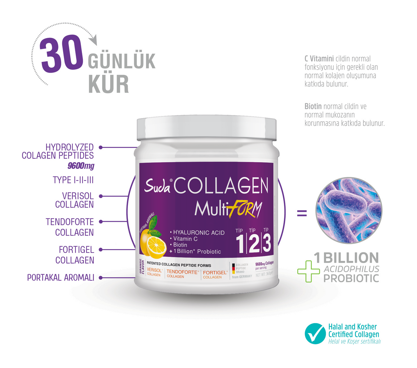 Suda Collagen Typ123 MultiForm Pulver mit Orangengeschmack 360g